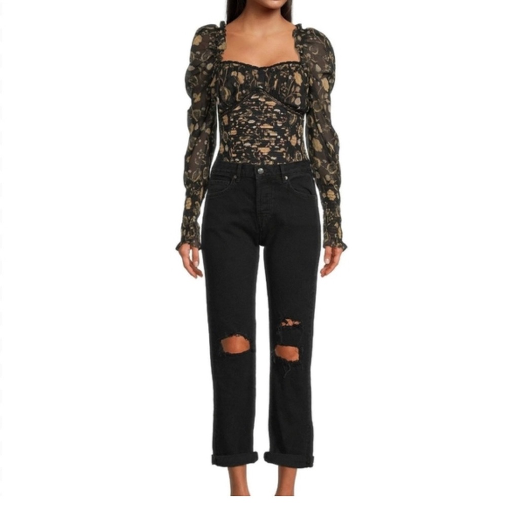 Free People Brunch Date Bodysuit in Black Combo, Size M, NWT